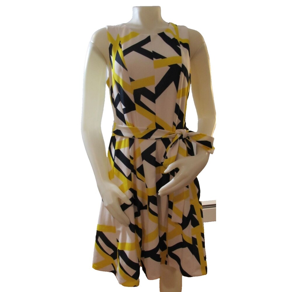 DKNY Fit & Flare Dress Size 8 Yellow Navy Geometric Belted Sleeveless Pre‑Owned